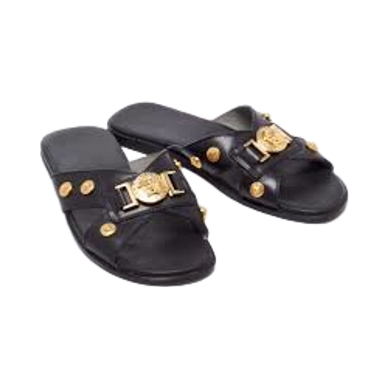 VERSACE SANDALS BLACK W/ GOLD MEDALLION